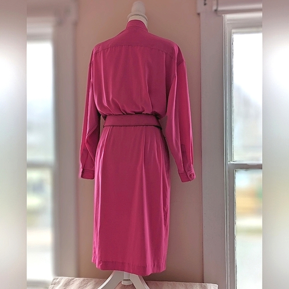 Vintage 1980's Bright Pink Dress Belted Button Down High Neck Pockets Size 10 - Picture 2 of 16